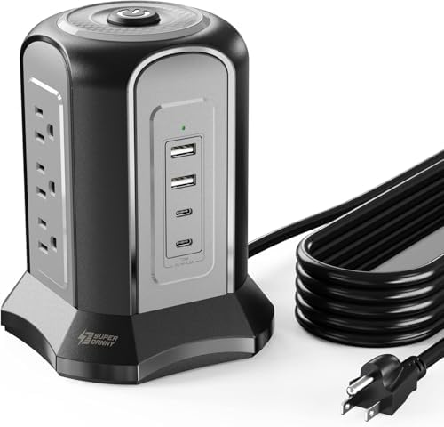 Power Strip Tower Surge Protector, SUPERDANNY Desktop Charging Station, 10 Ft Extension Cord, 9 Outlets, 4 USB Ports, 1080 Joules, 3-Prong, Grounded, Multiple Protections for Home, Office, Black