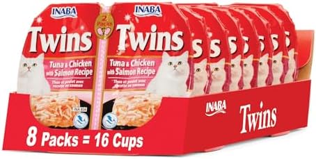 INABA Twins for Cats, Grain-Free Shredded Chicken & Broth Gelée Side Dish Cups, Tuna & Chicken Recipe, 1.23 Ounces per Serving, 19.68 Ounces Total (16 Count)