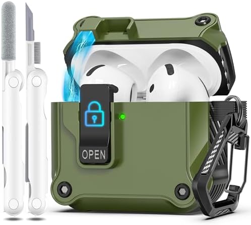 R-fun Compatible with AirPods 4th Gen Case, Full Drop Protection Auto Pop-Up Lid and Lock Design with Cleaner Kit and Keychain for AirPods 4 2024-Olive Green