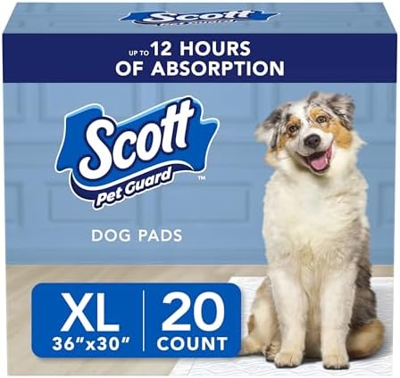 Scott Pet Guard Dog Pads - Dog Training Pee Pads for Puppies, Medium & Large Dogs - Up to 12 Hour Absorbent Odor Control - Easily Disposable Dog Pee Pads - Size XL - 30" x 36" - 20 Pack
