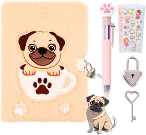 French bulldog Diary with Lock,Fluffy Dog Diary for 6 7 8 Year Old Girl,Kids Journal Notebook Gift Set with Multicolored Pen,Plush Secret Diary Lined 160 Pages,Christmas Birthday Gift Set for Kids