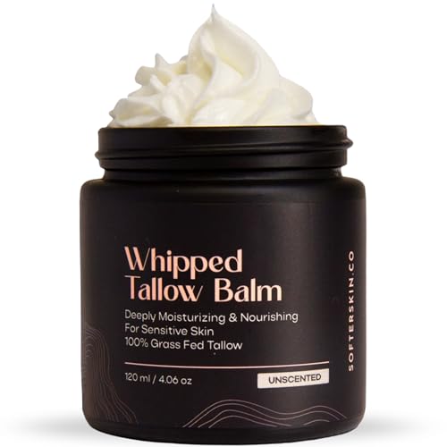 Beef Tallow for Skin (Unscented 4 oz) - Whipped Tallow Balm for Face and Body - Natural Moisturizer for Sensitive Dry Skin - Handmade Body Butter Lotion - 100% Grass-Fed - Gentle Skincare