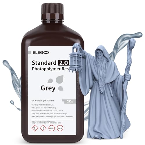 ELEGOO Upgraded Standard Resin 2.0, 405nm LCD Rapid UV-Curing 3D Printer Resin, Higher Precision, Lower Shrinkage, Non Toxic 3D Photopolymer Resin for LCD/MSLA/DLP 3D Printing, Grey 2000G