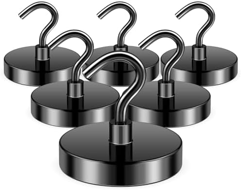 FINDMAG 130lbs Magnetic Hooks, N52 Grade Magnets Heavy Duty Rare Earth Magnetic Hooks for Hanging, Neodymium Magnet with Hooks for Refrigerator, Home, Kitchen, Office, Cruise (Black, Pack of 6)