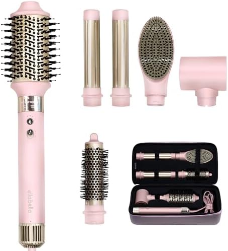 ELLA BELLA® 6 in 1 Professional Hot Air Styler • Powerful Hair Dryer & Straightener Set • Styling Without Heat Damage • Fast Drying Curling Volumizing Straightening • Protective Travel Case (Pink)