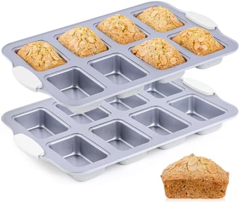 SJ Mini Loaf Pans with Heat-Resistant Handles, 2 Pack Healthy Non-stick Bread Pan for Baking 8-Cavity, PFOA & PFAS-Free Tiny Banana Bread Pan Set, Dishwasher Safe Brownie Pan-Silver