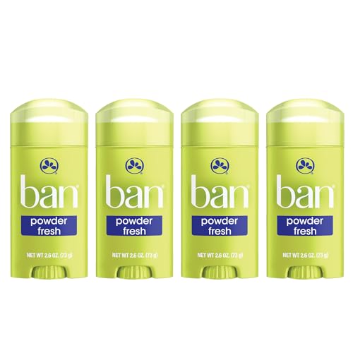 Ban Invisible Solid Antiperspirant Deodorant for Women and Men, 24-Hour Underarm Odor & Sweat Protection, Powder Fresh, 2.6 Oz, Pack of 4