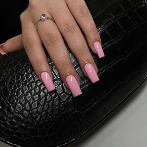 KQueenest Baby Pink Press on Nails Long Medium Square, Glossy Gel Medium Fake Nails Press ons, Natural Glue on Nails Medium Coffin, Solid Color Full Cover Acrylic Nails for Women Daily Wear, 24 Pcs