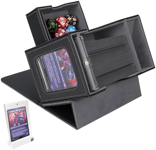 AFIING MTG Deck Box for Commander Display,Card Deck box Fit 100 Double-Sleeved Cards,MTG Card Storage Box with 35pt Magnetic Card Brick and Dice Tray with Dice Tower(Black/Grey)