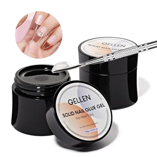 Gellen 2pcs Solid Nail Gel Glue Set for Soft Gel Nail Tips, 15g/pc Clear Acrylic Nail Tip Solid Gel Glue for DIY Nail Art, Solid Gel UV Nail Glue for Press on Nail, Need Nail Dryer Cured