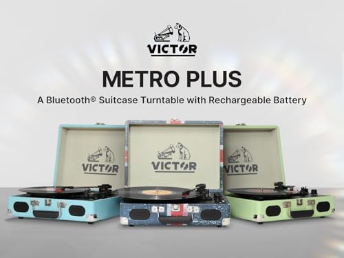 Victor Metro Plus Battery-Powered Bluetooth Suitcase Turntable | 3-Speed Vinyl Record Player with Built-in Stereo Speakers, Rechargeable Battery, RCA Output, Aux Input, and 45 RPM Adaptor, VSRP-850B
