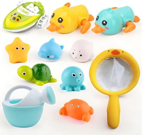 Bath Toys for Babies 0-6-12 Months+, No Hole Ocean Animal Bath Toys for Kids Ages 1-3, Wind-up Ducks Amphibious Boat Floating Pool Toys, Fishing Net Water Toys Watering Can Bath Toys for Toddlers