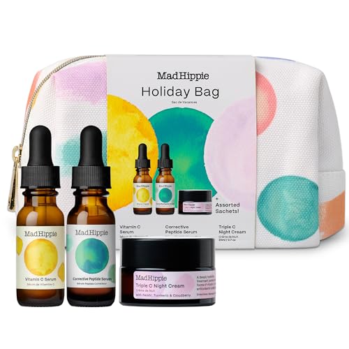 Mad Hippie Holiday Bag, Skin Care Travel Set – Vitamin C Serum, Corrective Peptide Serum, Triple C Night Cream (0.5 Oz Ea) + 3 Assorted Sachets, Gifts for Women (7 Piece Set)