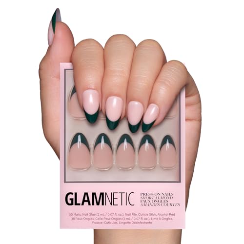 Glamnetic Press On Nails - Château | Semi-Transparent Dark Forest Green French Tip Short Almond False Nails, Reusable Stick On Fake Nails with Glue | Salon Quality | 15 Sizes - 30 Nail Kit