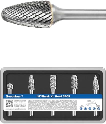 5 Pcs 1/4 Carbide Burr Set 1/4 Shank Die Grinder Bits Drill Bits Grinding Bits for Metal Rotary Tool Attachment Accessories Rasp Weld Wood Stone Deburring Compatible with Milwaukee Dewalt