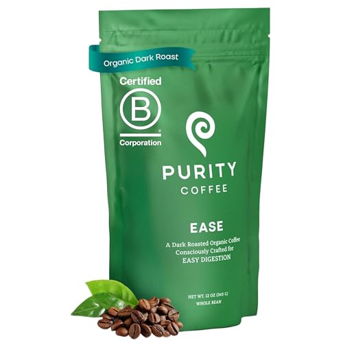 Purity Coffee EASE Dark Roast Low Acid Organic Coffee - USDA Certified Organic Specialty Grade Arabica Whole Bean Coffee - Third Party Tested for Mold, Mycotoxins and Pesticides - 12 oz Bag