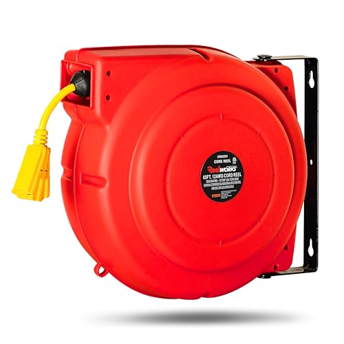 ReelWorks Extension Cord Reel Retractable 12AWG x 65' Foot 3C/SJT Heavy Duty Commercial Cable Triple Tap Connector Power 15A 125VAC 1875W