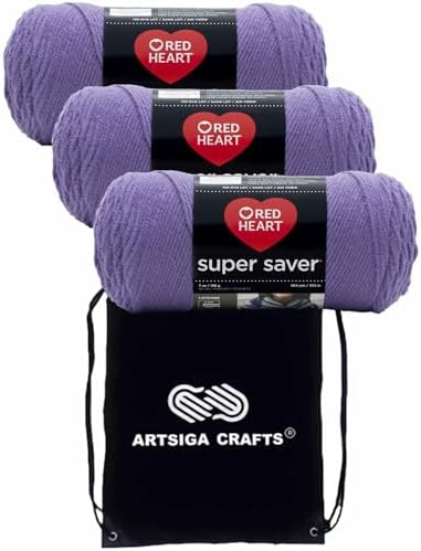 Red Heart Super Saver Lavender E300-358 (3-Skeins - Same Dye Lot) Worsted Medium #4 Acrylic Yarn for Crocheting and Knitting with Project Bag