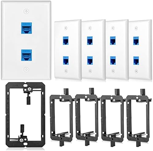 5 Pack Ethernet Wall Plate 2 Port Cat6 Outlet Jack RJ45 Keystone 2Port with Low Voltage Mounting Bracket Network Cables Inline Coupler Wires Connector Date Box Cover Double Blue
