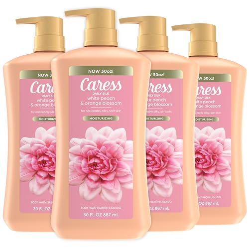 Caress Body Wash for Women with Pump, Daily Silk White Peach & Orange Blossom, Shower Gel Body Wash Moisturizing for Noticeably Silky, Soft Skin, 30 fl oz, 4 Pack