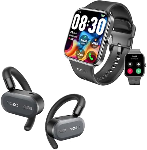 TOZO S4 AcuFit One Smartwatch 1.78-inch Bluetooth Talk Dial Fitness Tracker Black O2 Lightweight True Open Ear Wireless Earbuds Black