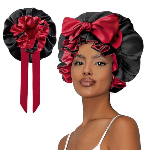 Hair Bonnet for Sleeping, Satin Silk Shower Cap Women 2025 with Tie Band and Adjustable Straps Head Wrap for Curly Hair Black F