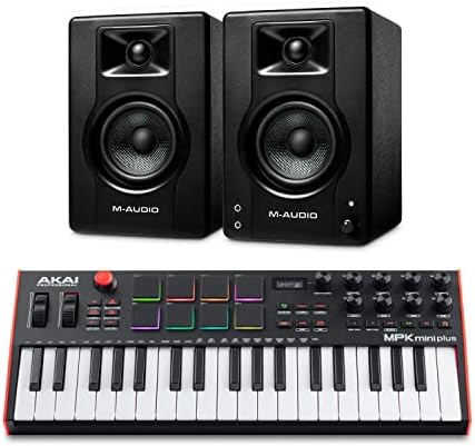 Recording Studio Package - AKAI Professional MPK Mini Plus USB MIDI Keyboard Controller and M-Audio BX3 3.5" 120W Speakers, with Production Software