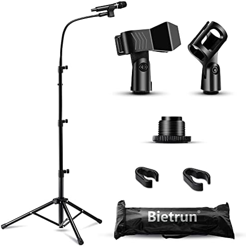 Mic Stand, Bietrun Metal Gooseneck Boom Arm Mic Stand Tripod, Height＆360° Adjustable, with Carrying Bag & 2 Mic Clips,Compatible with Wireless Mic＆Wired Mics for Singing/Wedding/Church/Stage/Party