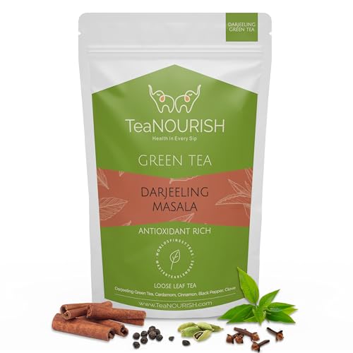 TeaNOURISH Darjeeling Masala Green Tea | Loose Leaves | Blended with Cardamom, Cinnamon, Black Pepper & Clove | 100% NATURAL | 50 Cups Hot or Iced Tea - 3.53oz/100g