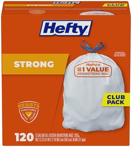 Hefty Strong White 13 Gallon Trash Bags with Drawstrings, Unscented Tall Kitchen Trash Bags, Resists Leaks, Punctures, and Tears, Durable Closure, 120 Ct.