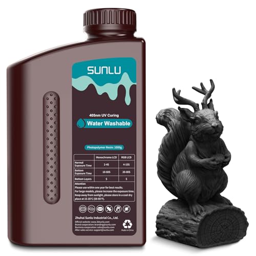 SUNLU Water Washable Resin 1000g, Fast Curing 3D Printer Resin for LCD DLP SLA 3D Printers, 395 to 405nm UV Curing 3D Printing Liquid Photopolymer Resin, Low Shrinkage High Precision, 1kg, Black