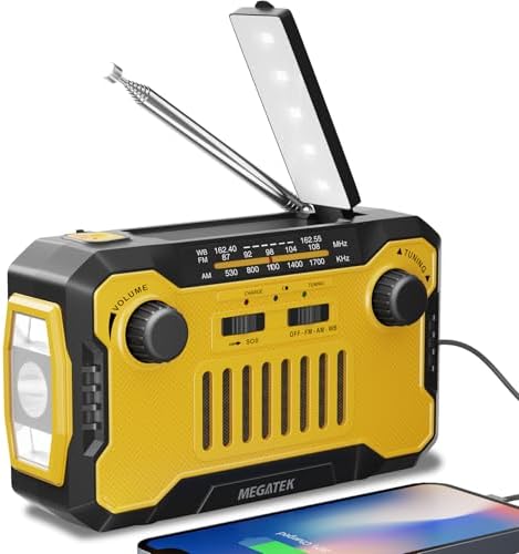 Megatek Emergency NOAA Weather AM/FM Radio with 5000mAh Battery USB-C Phone Charger, Hand-Crank/Solar Powered Survival Radio with Flashlight, Reading Light and Headphone Jack