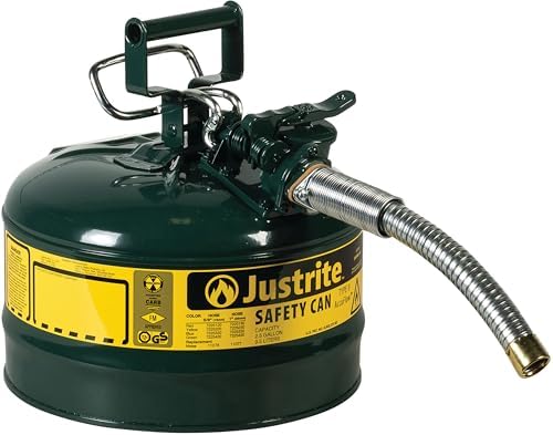 Justrite 2.5 Gallon Type II Green Safety Can for Oil with Flame Arrester, Self-Closing Lid, and 1" Flexible Metal Spout, Made in the USA, Galvanized Steel Flammable Storage Can, 7225430