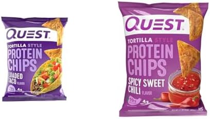 Quest Nutrition Tortilla Style Protein Chips, Loaded Taco, Low Carb, Gluten Free, Baked, 1.1 Ounce (Pack of 12) & Tortilla Chip Spicy Sweet Chili, 1.1 Ounce (Pack of 12)