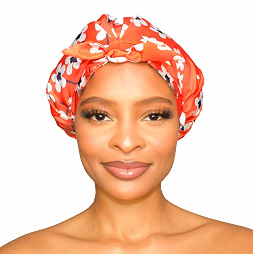GRACE & COMPANY Luxury Shower Cap For Women - 100% Waterproof, Reusable, Washable & Breathable Shower Caps - Clementine