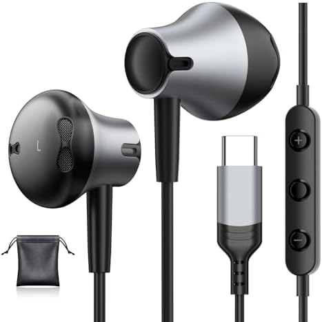 USB C Headphones Wired for Samsung Galaxy S25 / S24 Ultra/ S23/ S22 FE/ A55 with Mic Earphones for iPhone 16 15 Pro Max, Volume Control Stereo Noise Cancelling Wired Earbuds for Google Pixel 9 Pro