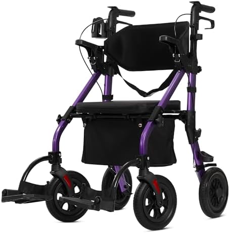 ELENKER All Terrain Rollator Walker Transport Wheelchair Combo, 2 in 1 Rolling Walker with Padded Seat and Wide Backrest, Purple