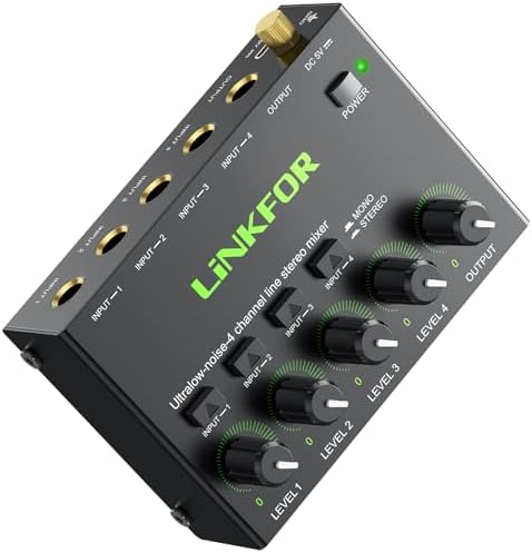 LiNKFOR 4 Channel Stereo Audio Mixer CX400 Metal Shell Support RCA Input and Output Mini Passive Stereo Mixer with Separate Volume Controls (6.35mm 4 Channel)