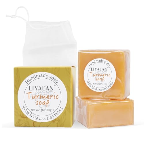 LIYALAN Turmeric Soap Bar 3.88 oz X 2Bars for Face Body Smooth Skin,Cleansing Natural Handmade Sensitive Skin Vegan Formula