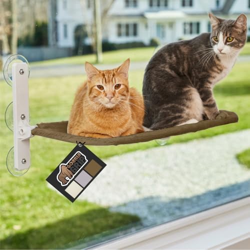 GORILLA GRIP Cat Window Perch, Sturdy Cat Bed Window Hammock with 6 Large Suction Cups, Foldable Cordless Indoor Wall Shelves, Strong Metal Frame Holds 40lbs, Reversible Washable Cover, Large Brown