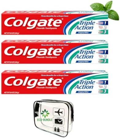 Colgate Triple Action Anticavity Fluoride Toothpaste, Original Mint, 8.0 oz - (3 Pack) with Eco-Bundle TSA Approved Travel Bag