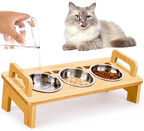 Elevated Cat Food Bowl, 3 Stainless Steel Raised Cat Bowls with Stand, 15°Tilted Cat Bowl for Indoor Cats, Cat Food and Water Bowl Set, Anti Vomitting, Whisker Fatigue and Dishwasher Safe - Natural