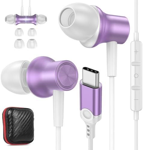 USB C Headphones for iPhone 16 15 Pro Max Plus iPad, Type C Earphones Noise Isolating with Mic Stereo Magnetic Cord Wired Earbuds for Samsung S24 Ultra S23 Fe A35 S22 Flip 6 Pixel 9 8 7 Pro, Purple