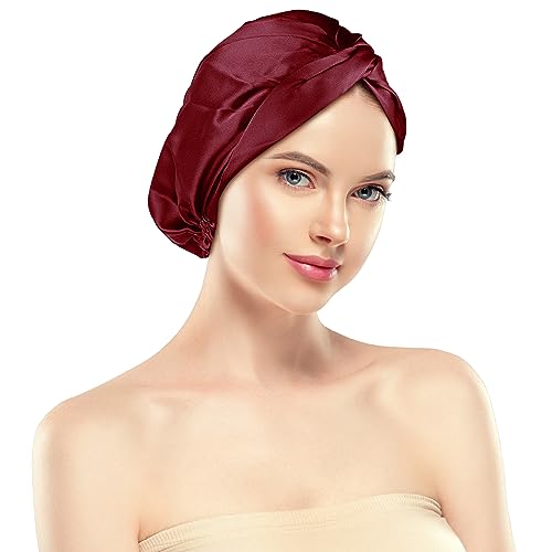 Silk Bonnet for Sleeping, 22 Momme Bonnet Grade-6A 100% Pure Mulberry Silk Bonnet for Hair Care, Maintaining Hairstyles Overnigh, Elastic and twist knot design,Hair Bonnet for Sleeping(1PC, Burgundy)