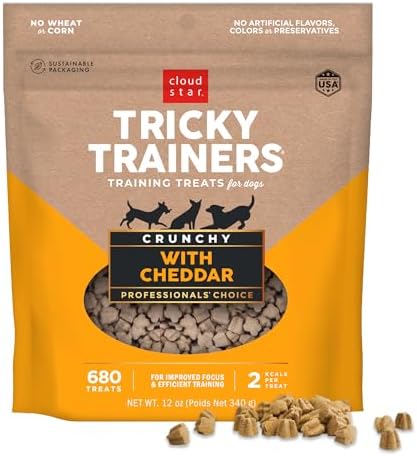 Cloud Star Tricky Trainers Crunchy Dog Training Treats 12 oz Pouch, Cheddar Flavor, Low-Calorie Behavior Aid with 680 Treats