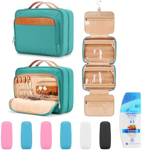 Travel Hanging Toiletry Bag for Women, Large Makeup Bag 8 Leak Proofing Silicone Bottle Covers, Waterproof Cosmetic Bag with Jewelry Organizer Compartment, Toiletries Kit Set, Blue