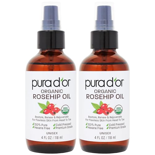 PURA D'OR ORGANIC Rosehip Seed Oil Hair Relaxer (4 Oz x2 = 8 Oz) 100% Pure Cold Pressed USDA Certified All Natural Anti-Aging, Scar Treatment, Gua Sha Massage, Face, Hair & Skin - Women & Men