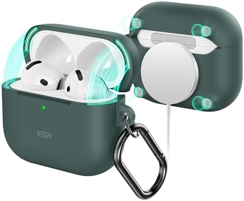 ESR for AirPods 4 Case (HaloLock), Compatible with AirPods 4th Generation Case (2024) (USB-C), Compatible with MagSafe, Full Drop Protection Cover with Carabiner, Magnetic Lid Lock, Green
