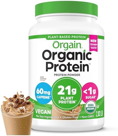 Orgain Organic Vegan Protein Powder, Iced Coffee - 21g Plant Protein, 60mg of Caffeine, Low Net Carb, No Lactose Ingredients, No Added Sugar, Non-GMO, Shakes & Smoothies, 2.03 lb (Packaging May Vary)