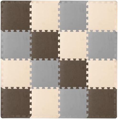 ProSource Foam Puzzle Floor Play Mat for Kids and Babies with Solid Colors, 36 or 16 Interlocking Tiles with Borders, Brown/Beige/Grey